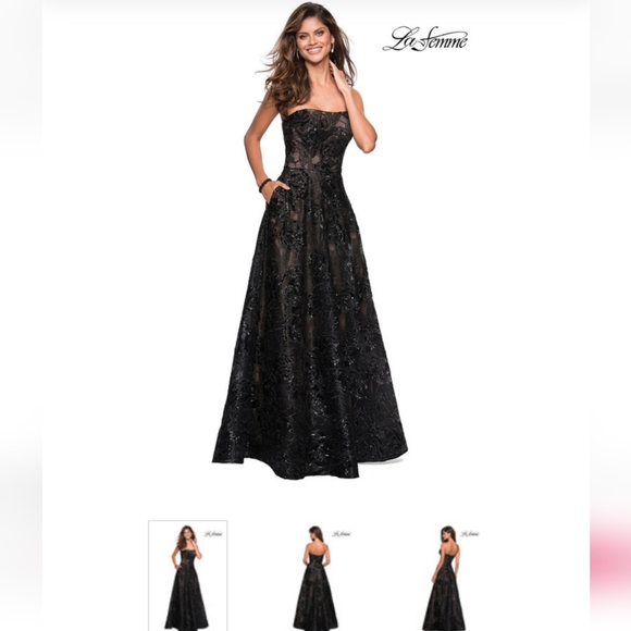 Steal the spotlight in La Femme 27164 black floor length strapless A-line gown. - Picture 9 of 16
